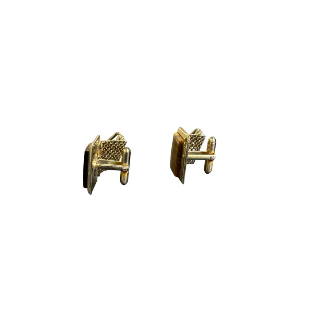 Tiger's‎ Eye Cufflinks Gold Tone Square Vintage Mens Jewelry